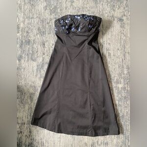 Express Black Strapless midi Dress with Blue Floral Embroidery